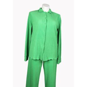 Vintage womens XL 2 pc long sleeve blouse and pants green accordion fabric